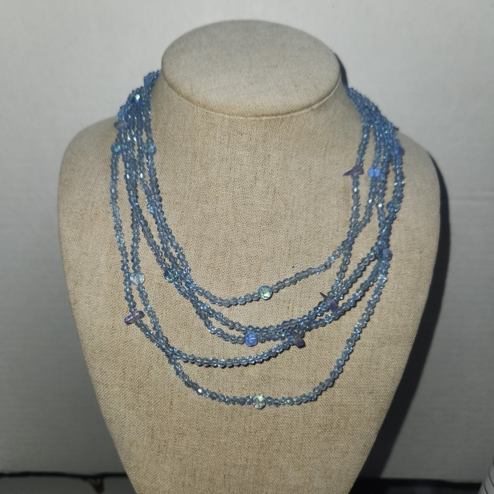 Multi-Strand Light‎ Blue Faceted Glass Bead Necklace AB Accents 5-Layer 15.5"